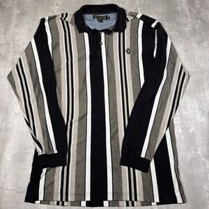 Vintage Men's XL Tall Vertical Stripe Long Sleeve Rugby Polo Grey Black White